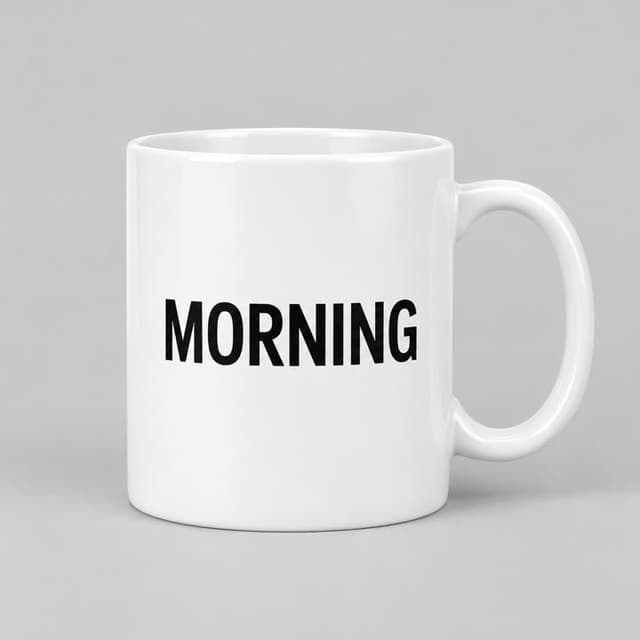 A product photo of a white mug